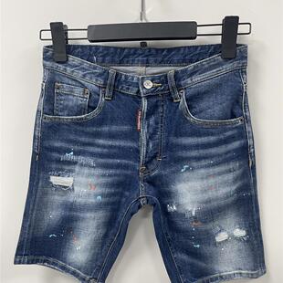3004春D2牛仔裤Dsquared2牛仔裤男装磨破洞补丁修身微弹牛仔短裤