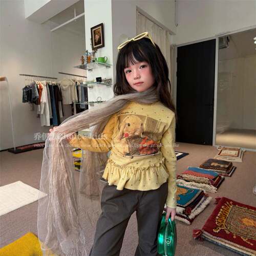 乔伊思童装女童长袖T恤2026秋款韩版卡通花边摆儿童复古宽松洋气