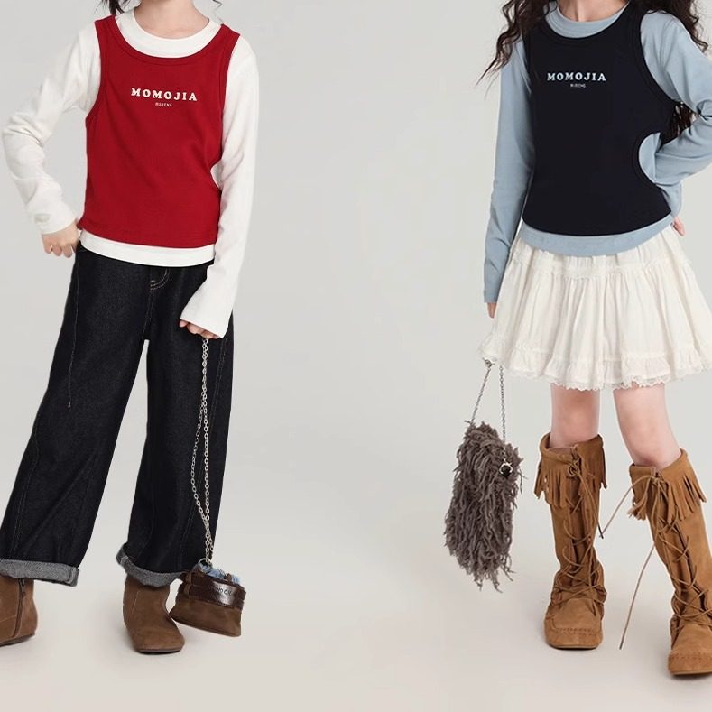 乔伊思童装女童圆领上衣2025秋季新款撞色假两件儿童韩版长袖t恤