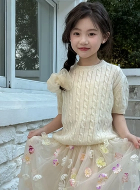 乔伊思童装女童短袖毛衣衫春夏2025新款韩版时髦百搭麻花针织衫潮