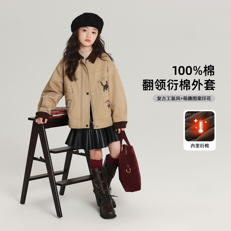 乔伊思童装童装外套2025冬季新款女童翻领纯棉上衣卡通棉外套
