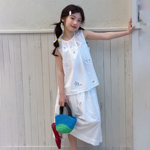 乔伊思童装套装2026年夏季新款韩系手绘风无袖上衣半身裙两件套潮