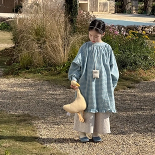 乔伊思童装女童连衣裙春季花边格子长裙儿童长袖休闲宽松罩衫裙子