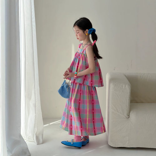 乔伊思童装女童套装2026夏款韩版爱心格子吊带两件套儿童彩色宽松