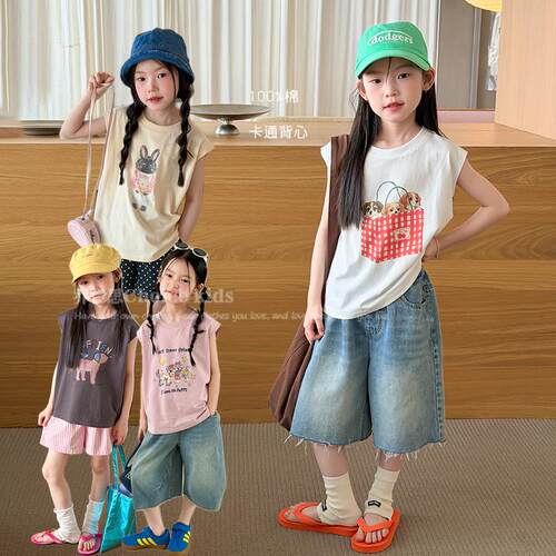 乔伊思童装女童背心2026夏日清爽纯棉卡通小背心宽松落肩休闲T恤