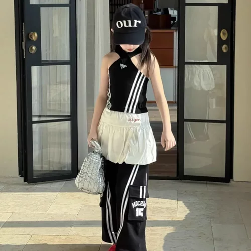 乔伊思童女童挂脖无袖t恤套装