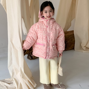 乔伊思童装2025冬季女童碎花连帽羽绒外套女宝90白鸭绒保暖面包服