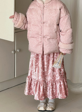 乔伊思童装女童丝绒半身裙冬季2025新款韩女孩儿童复古褶皱裙子潮