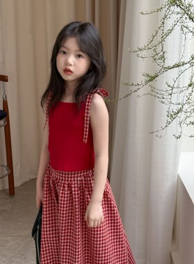 女童夏季红色格子吊带裙两件套
