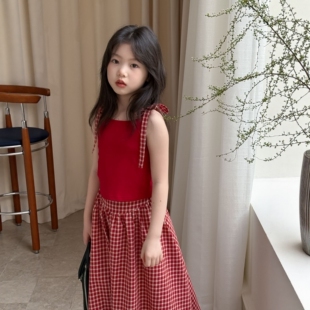 乔伊思童装女童红色格子裙吊带套装2026新款夏季连衣裙半身两件套