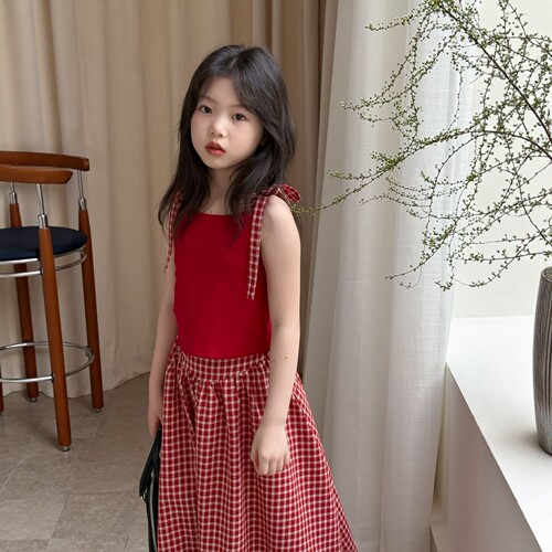 女童夏季红色格子吊带裙两件套