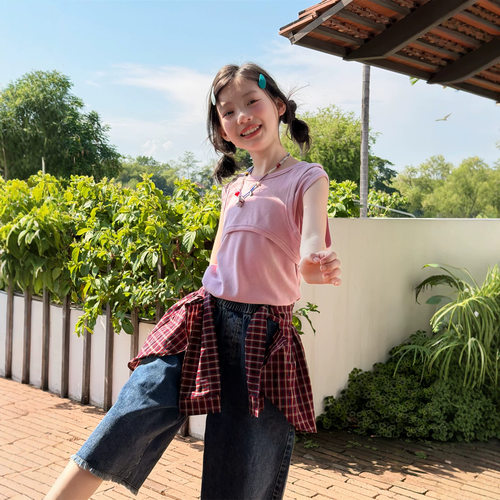 乔伊思童装女童牛仔裤2026新款夏季屁帘儿童格子屁帘裤中小童裤子