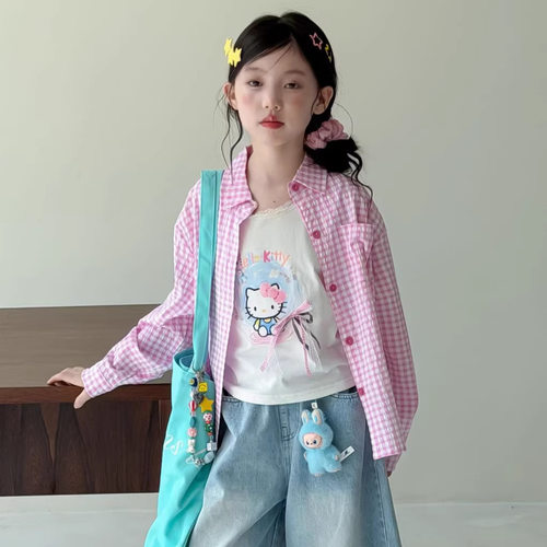 乔伊思童装色格子衬衫2026夏季新款儿童KT猫宽松薄款防晒衬衣外套