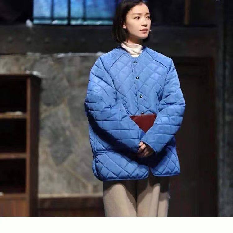 中长款蓝色宽松棉衣外套轻薄棉袄