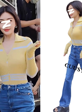 QL明星同款黄色条纹针织衫显瘦设计感小众修身显瘦气质百搭毛衣女