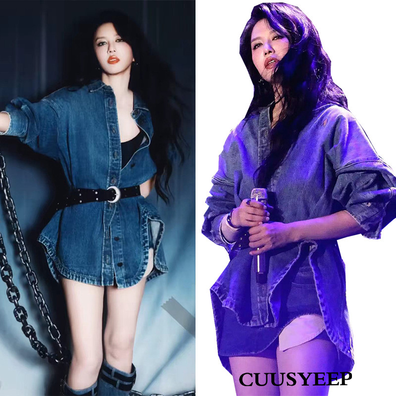 复古烂牛仔衬衫女宽松多纽扣上衣图片