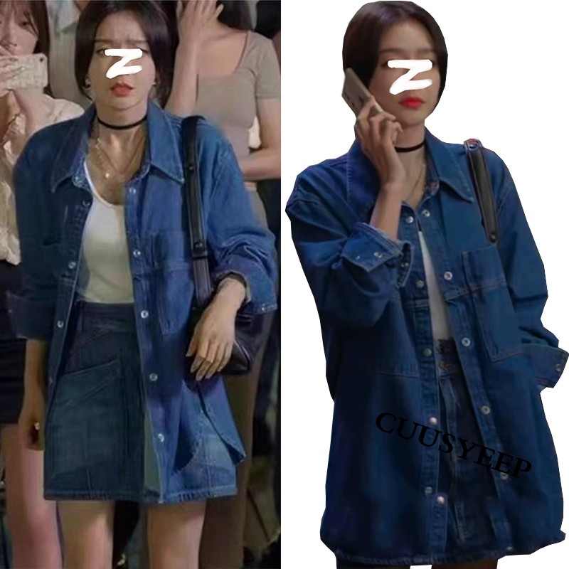 QL明星同款港风宽松显瘦复古蓝牛仔衬衫设计感休闲百搭叠穿上衣女
