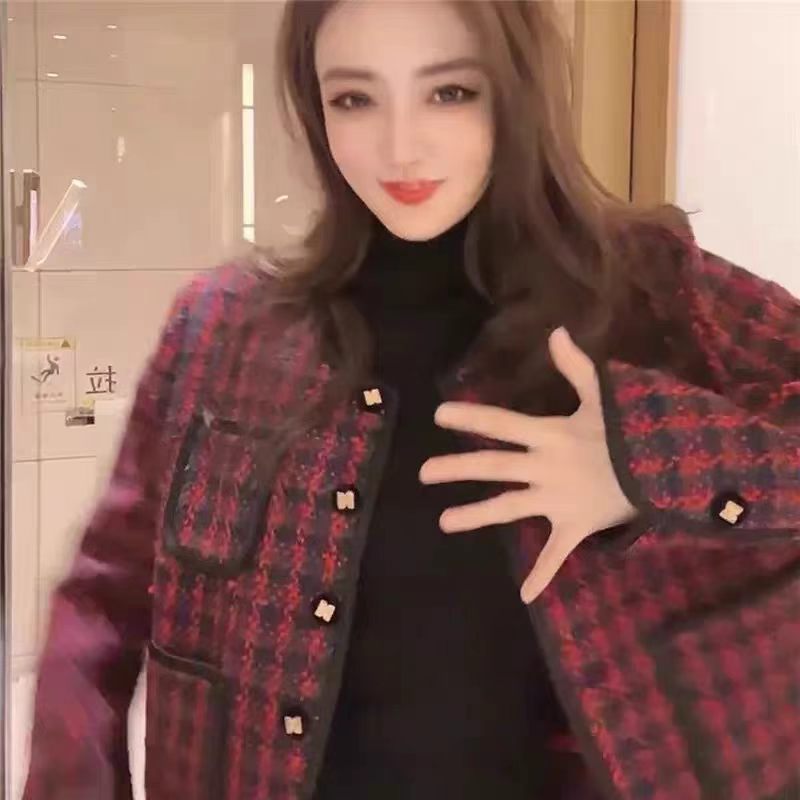 徐璐明星同款红色外套女2026秋春小香风格纹小个子高级感夹克上衣