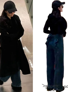 LYF明星同款蓝色法式复古超柔高街后背蝴蝶结牛仔裤高腰阔腿裤女