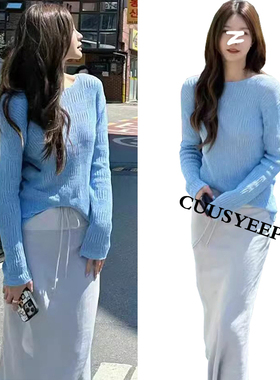 SMC明星同款蓝色气质羊绒毛衣设计感休闲百搭甜美可甜可盐针织衫