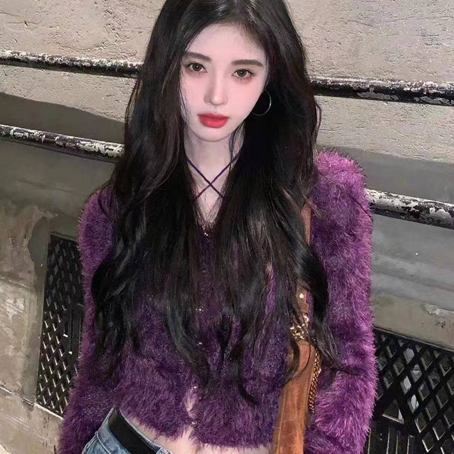 鞠婧祎同款毛茸茸软糯短款毛衣上衣女秋冬挂脖紫色针织衫开衫外套