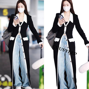 SMC明星同款名媛气质黑白拼色长毛衣御姐针织衫高级感显瘦大外套