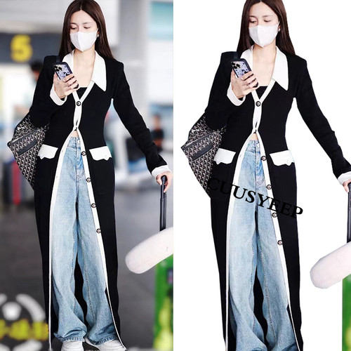 明星同款黑白毛衣针织衫长外套