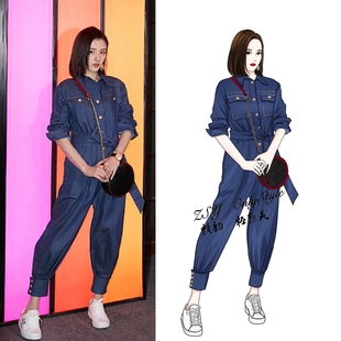 宋祖儿明星同款洋气时尚工装减龄牛仔休闲宽松阔腿束脚连体衣裤子