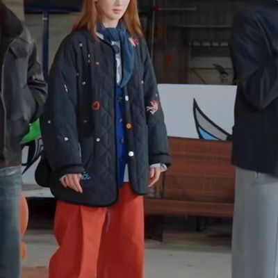 刺绣菱格棉服外套女宽松轻薄棉衣