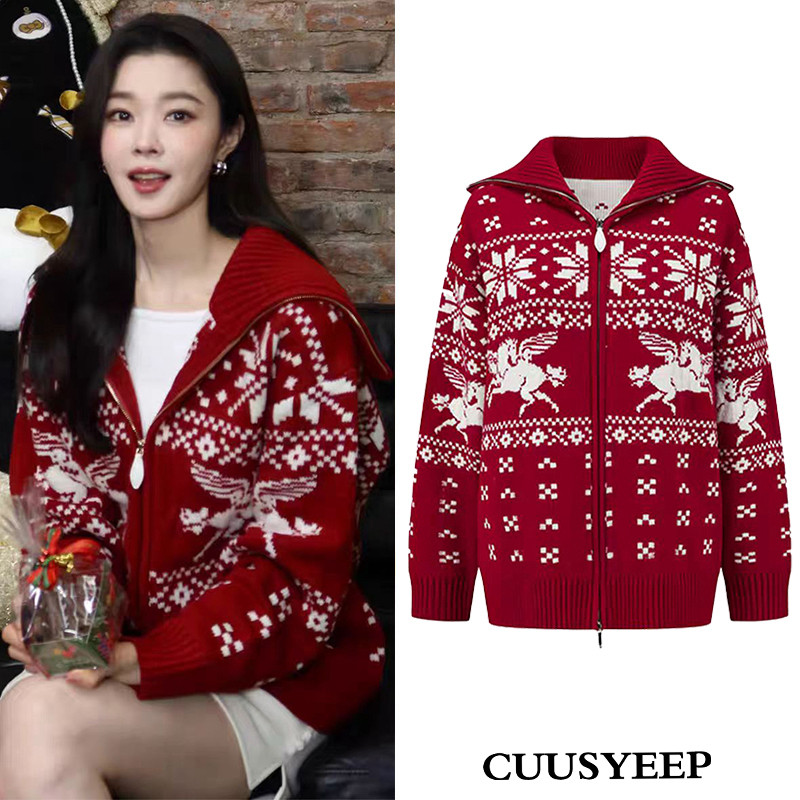 宋轶明星同款重工提花红色拉链针织开衫气质宽松长袖毛衣休闲外套