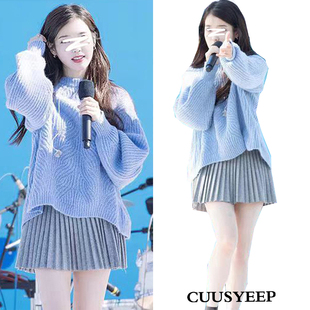 女 蓝色毛衣配百褶灰色毛呢气质短裙套装 李智恩明星同款 秋冬针织衫