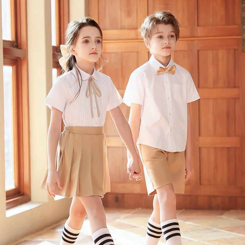 夏季儿童短袖白色衬衫女童学院风百褶短裙中大童学生表演出服套装