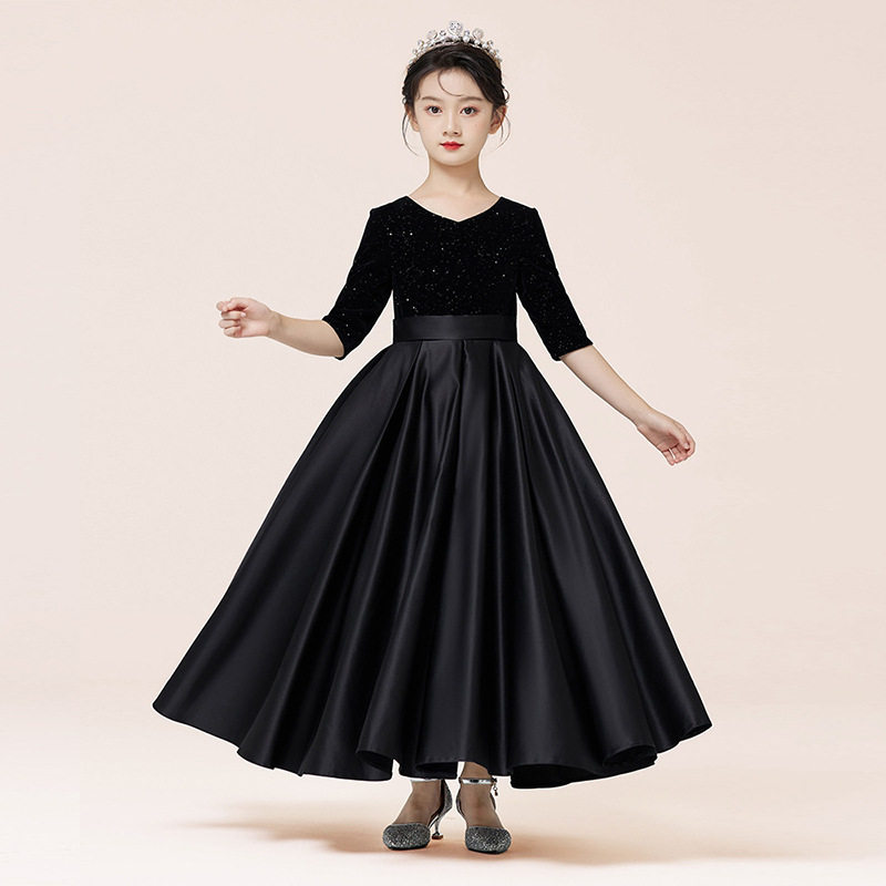 儿童黑色中袖公主裙女童缎面钢琴演出服小女孩高端公主礼服裙大摆