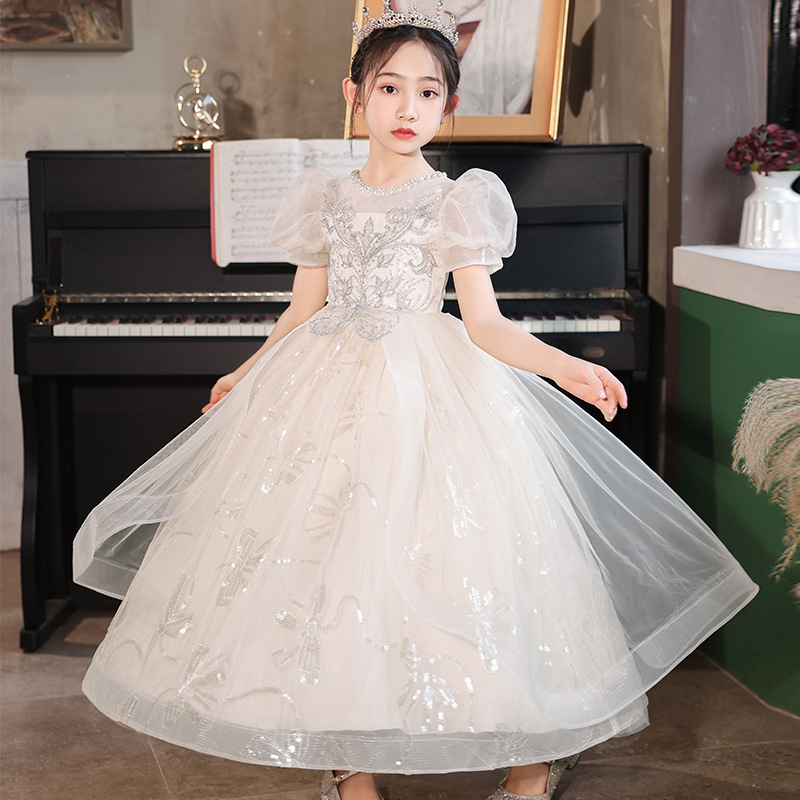 儿童白色婚纱裙礼服长裙女童钢琴生日演出服女孩蓬蓬公主连衣裙子