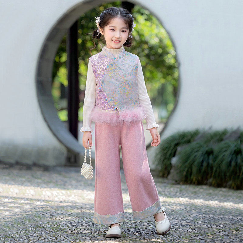 女童汉服夹棉马甲阔腿裤三件套