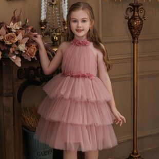 小女孩粉色蓬蓬纱裙子女童无袖挂脖公主蛋糕裙花童婚纱礼服连衣裙