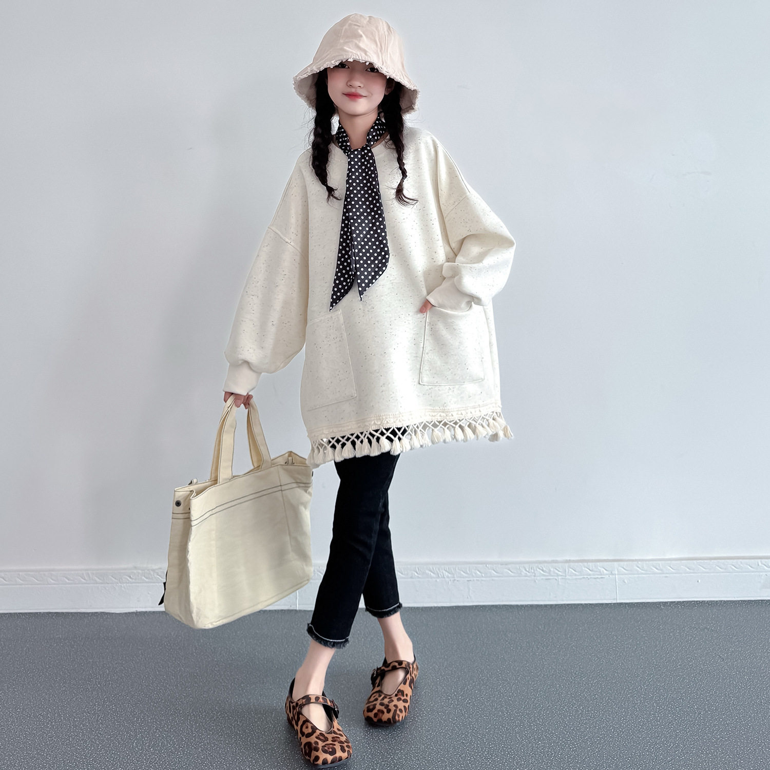 春秋冬女童宽松流苏卫衣大童加厚休闲儿童中长款上衣长袖打底衫潮