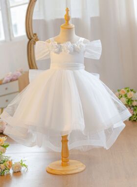 儿童一字肩礼服连衣裙夏季女童拖尾公主蓬蓬纱裙子周岁生日花童裙