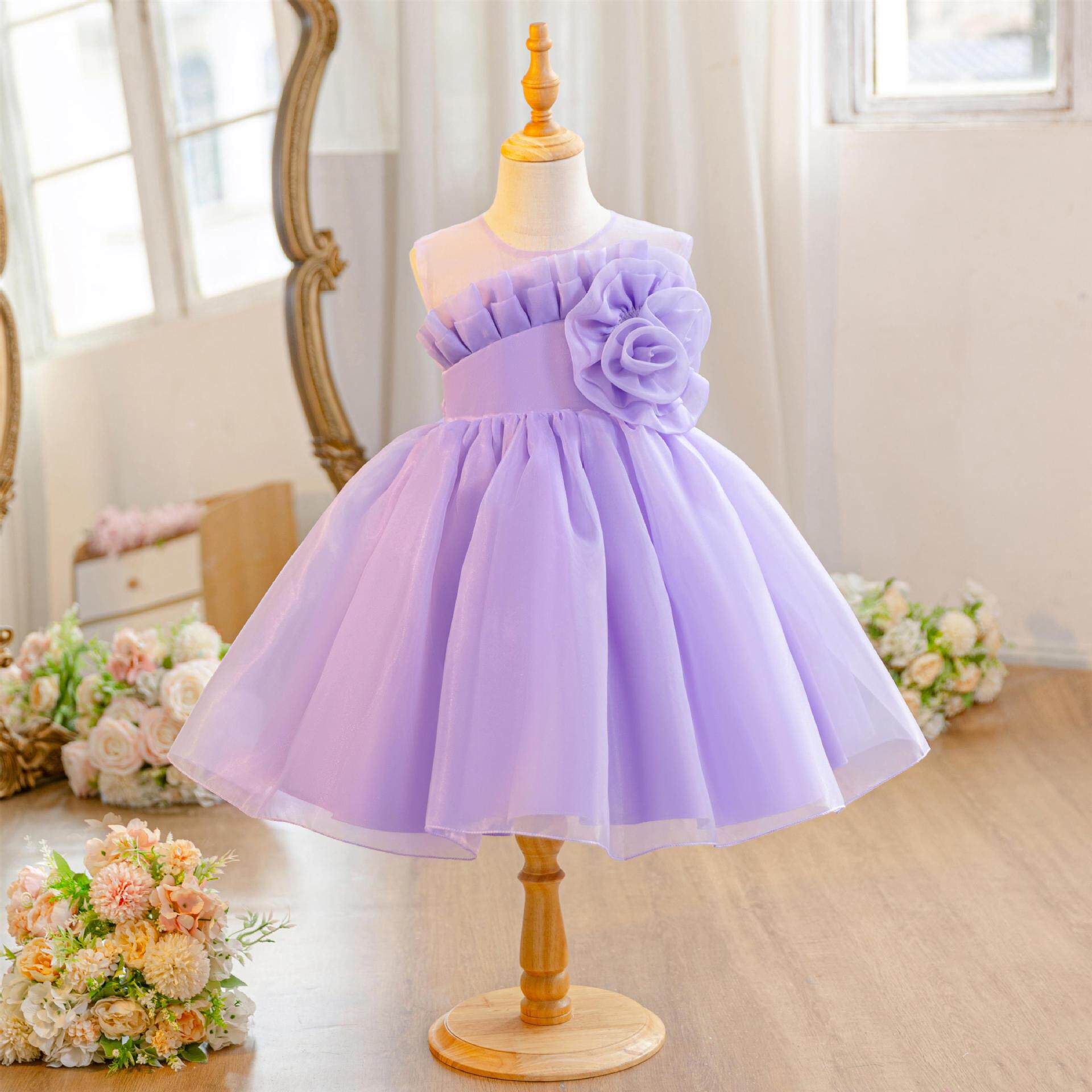 儿童紫色公主裙子女童装夏季白色蓬蓬裙背心裙宝宝周岁礼服连衣裙