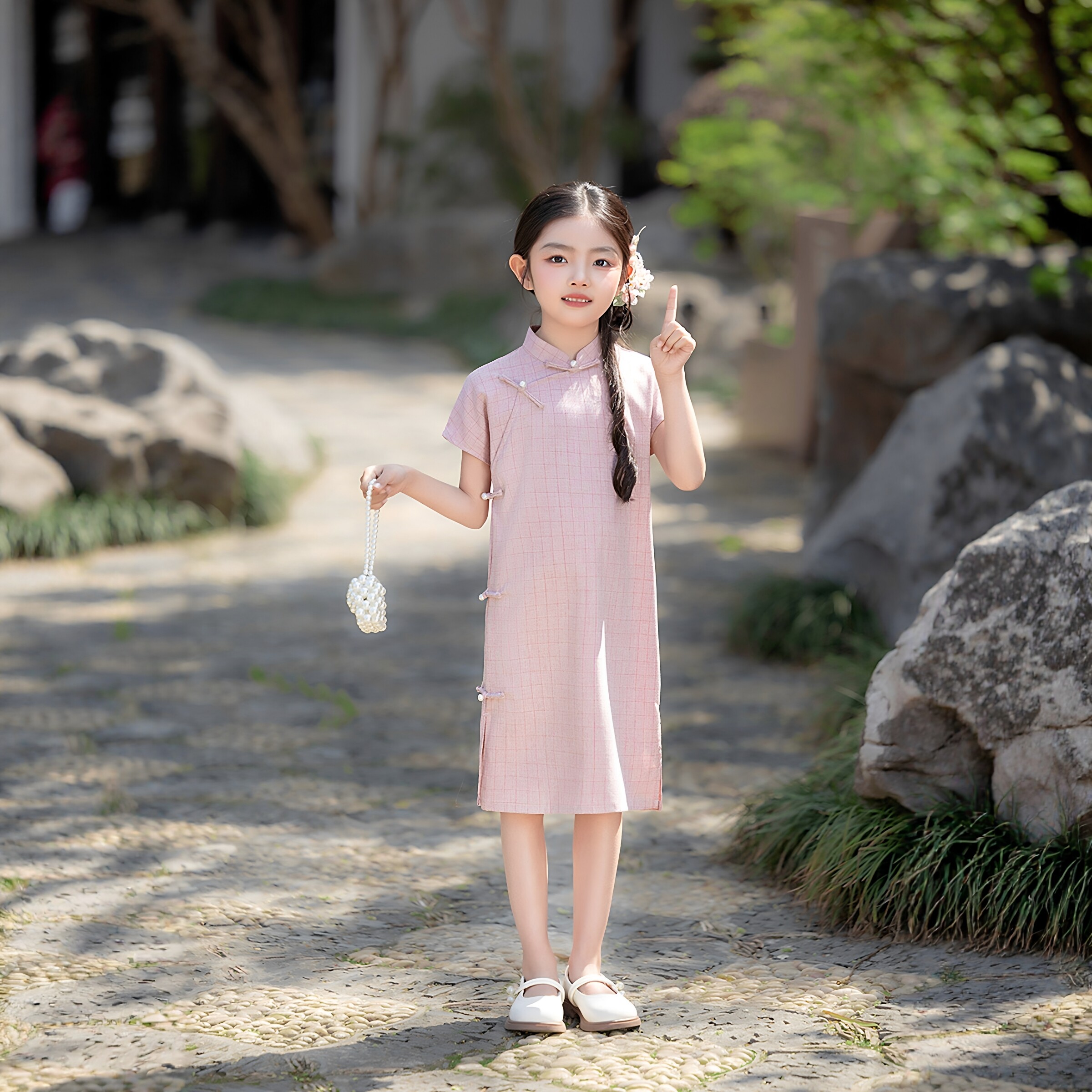 夏季女童新中式粉色公主旗袍裙子