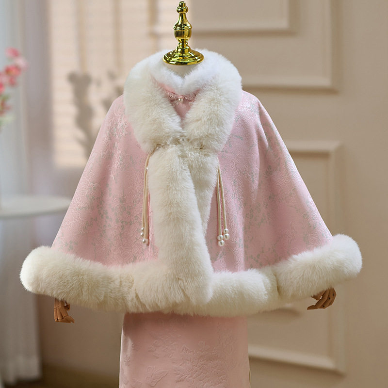 女童新中式毛领加绒加厚斗篷外套