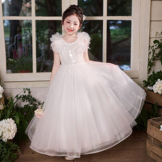 儿童婚纱礼服长款女童白色蓬蓬连衣裙绝美公主长裙生日钢琴演出服