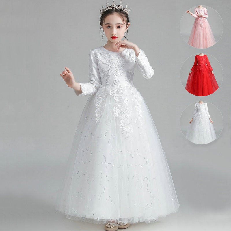 儿童婚纱公主裙子女童白色连衣裙蓬蓬长裙花童礼服表演出服春秋冬