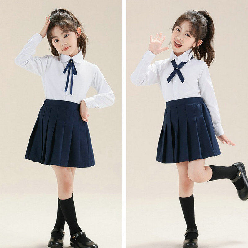 女童长袖白衬衫衬衣套装学院风藏青黑百褶裙幼儿园小学生演出服装