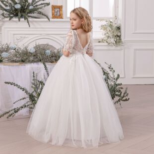 儿童露背长款晚礼服花童白色婚纱生日公主裙女大童钢琴演出长裙子