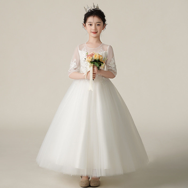 儿童白色婚纱裙子花童礼服公主长裙小女孩演出服女童蓬蓬纱连衣裙