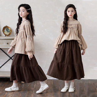 春秋冬女童灯芯绒宽松娃娃衫长袖中大童半身长裙两件套装韩版洋气