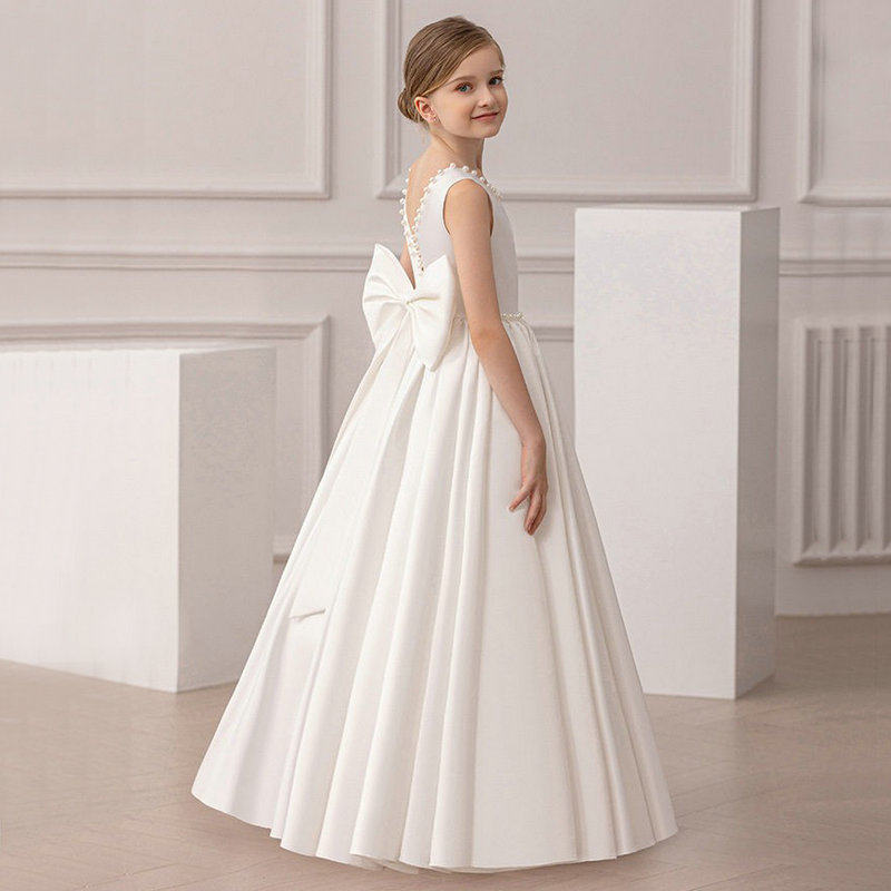 儿童婚纱裙女童花童缎面礼服连衣裙小女孩公主长裙露背钢琴演出服