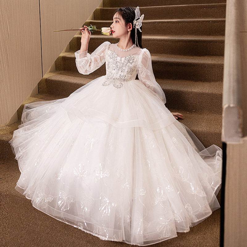 儿童蓬蓬纱裙蓝色高级感礼服长裙女童生日公主裙花童钢琴演出服装