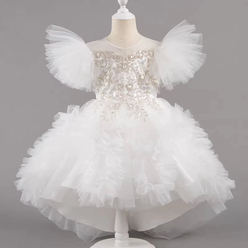 儿童亮片婚纱裙女童白色公主裙夏季洋气蓬蓬裙花童演出服拖尾礼服